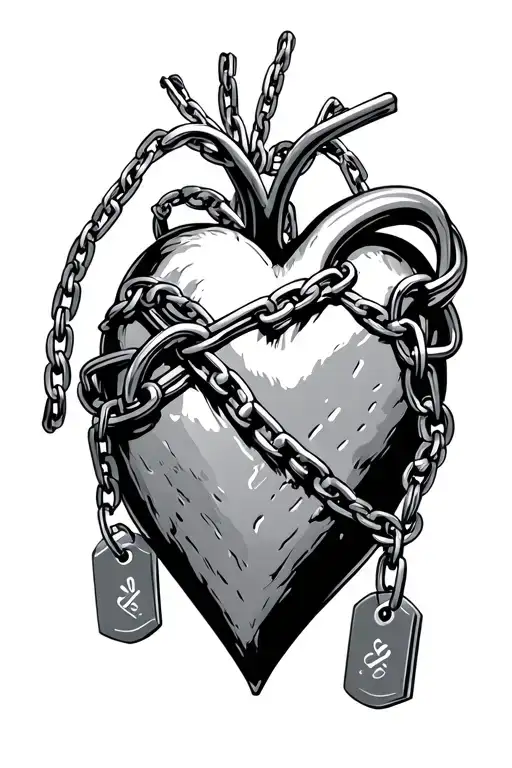 Heart With 4 Dog Tags With Chains Wrapped Around The Heart