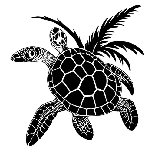 Fine Line Minimal Sea Turtle And Palm Tree Tattoo Design