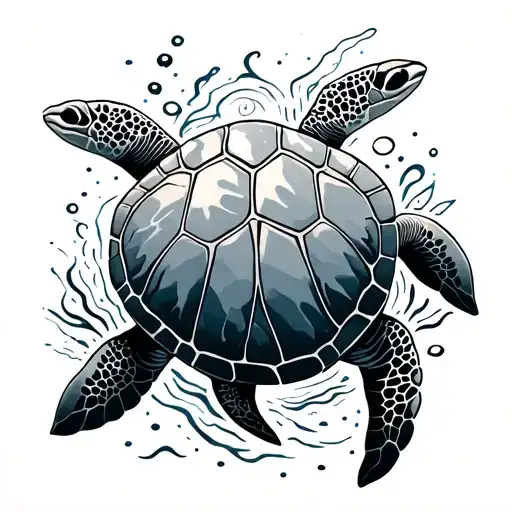 Fine Line Minimal Sea Turtle Tattoo Incorporating Small Ocean Elements