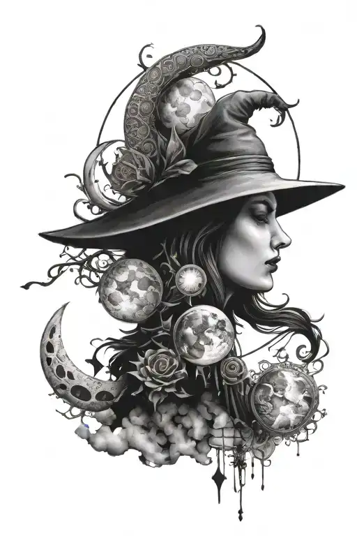 Black And Gray Moon Phases Witchy Half Sleeve