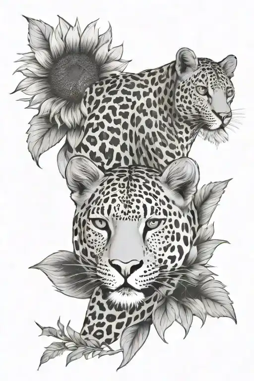 A Sunflower And Leopard Design Symbolizing Strength And Love In A Black-grey Style