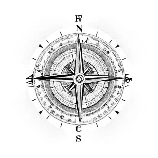 A Tattoo Of A Geocaching Compass With Coordinates Leading To Different Cities In A Black-grey Style
