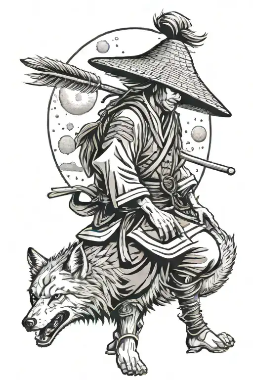 Traditional Samurai Wearing A Straw Hat Looking At The Moon With Wolves