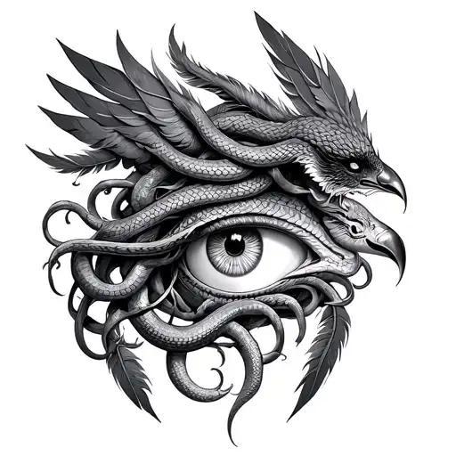 Medusa Eye With Snake And Phoenix Feathers