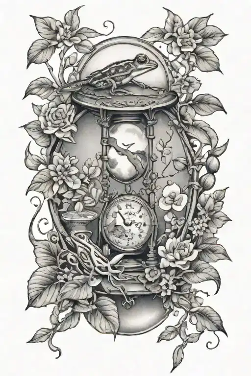 Hourglass Frogs Flowers Surrounding Moon And Tree