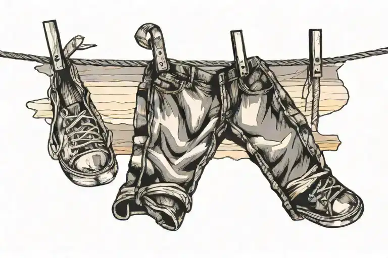 A Minimalist Tattoo Of A Stylish Outfit Hanging On A Clothesline With A Sunset In The Background