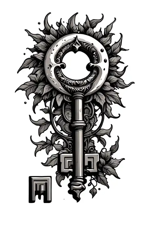 An Old Key With Vines And Moon And Sun