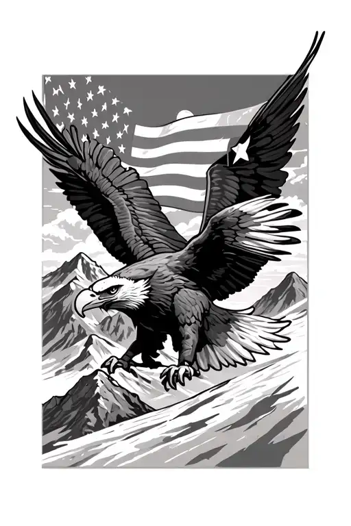 Coloradi Mountains With Bald Eagle And American Flag Waving In The Sky