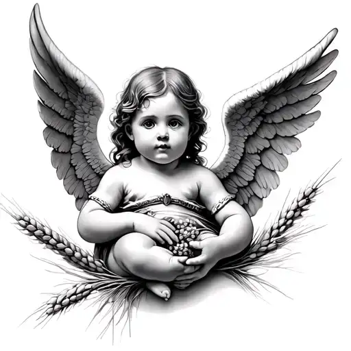 Angel Of Baby Girl With Wheat Clusters In Hand And 1999