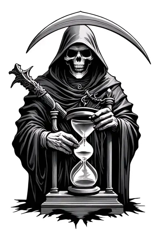 Grim Reaper Holding An Hourglass Behind A Scythe