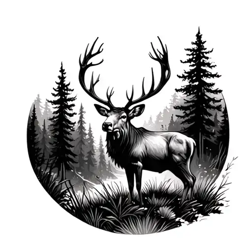 Elk Bugling In Forest Landscape