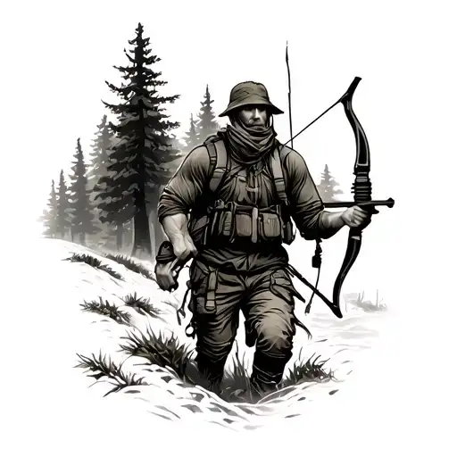 Bow Hunter Hiking Through A Forest