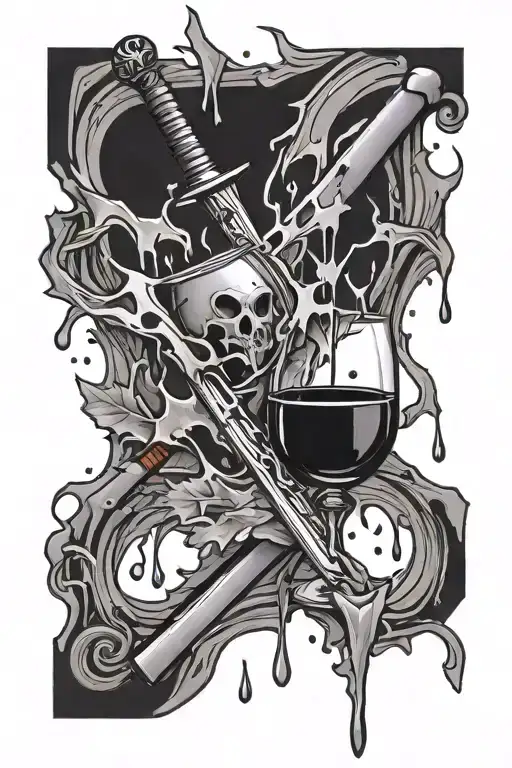 Sword Dripping Blood Into Wine Glass Shards