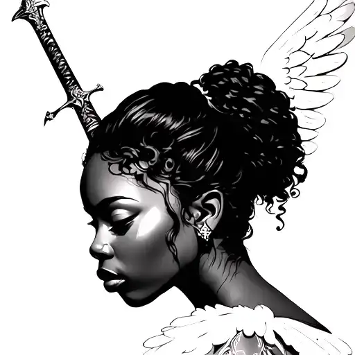 Beautiful Black Women Face With Angel Wings Holding A Sword