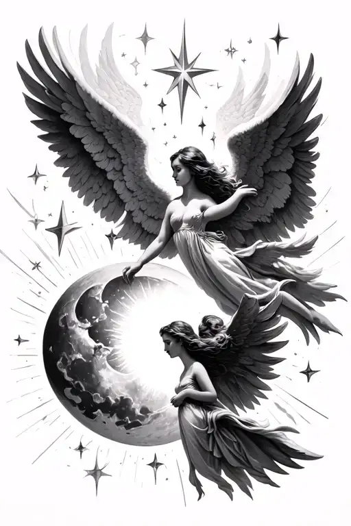 Angels That Represent Moon Sun And Stars Flying Together
