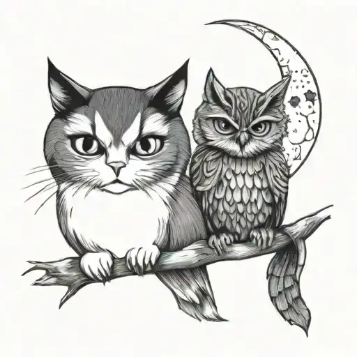 A Cat And An Owl Sitting Together Under A Moon