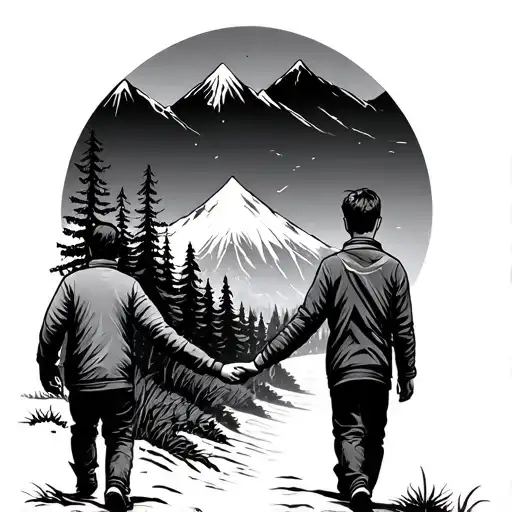 Father And Son Hold Hands And Walk On The Way To A Forest Where Mountains Are Visible