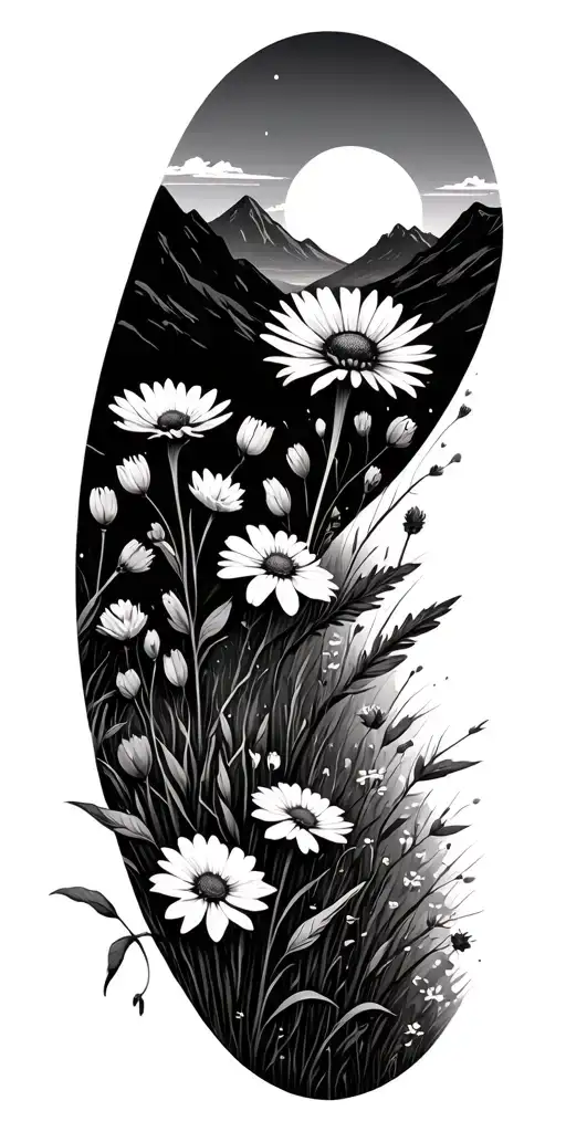 Wildflowers Foreground Meadow And Mountains Background