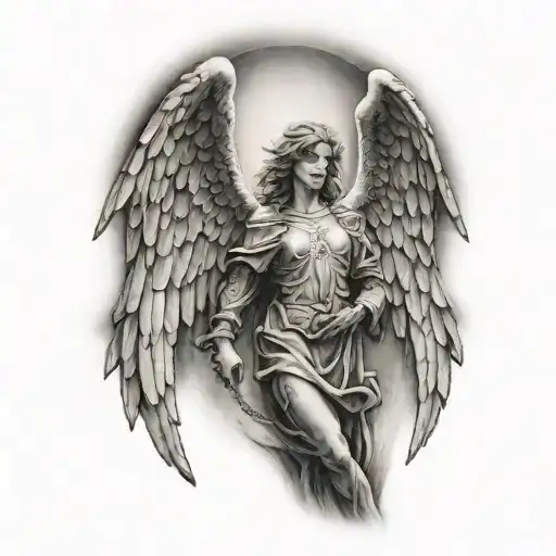 A Full Sleeve Tattoo Of An Angel And Shadows Of Church In Background And Than Little Quotes In It