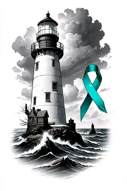 Lighthouse In The Storm With A Ovarian Cancer Awareness Ribbon The Lighthouse