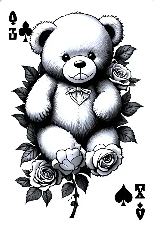 Playing Card With Teddy Bear Surrounded By Roses With Stems And Throns