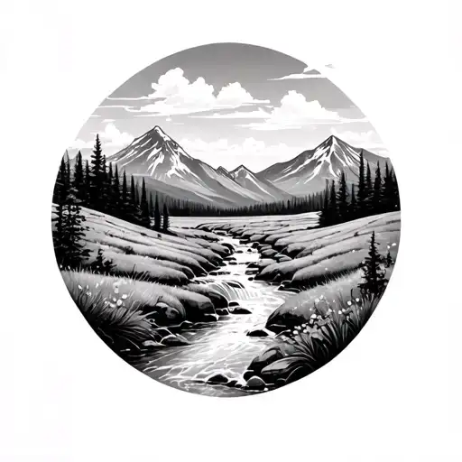 Sketch Stream Flowing Through A Meadow Mountain Scape In Background