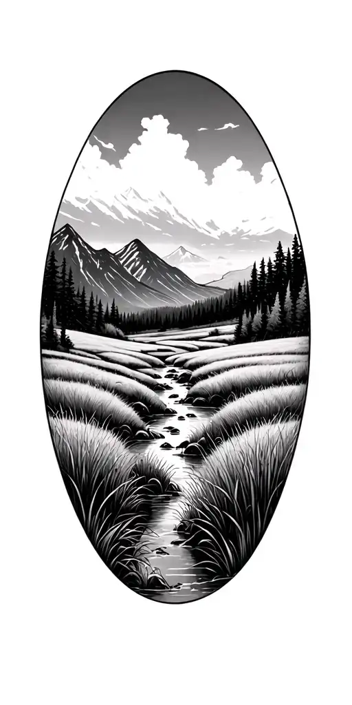 Sketch Stream Flowing Through A Meadow Mountain Scape In Background Grass In Front