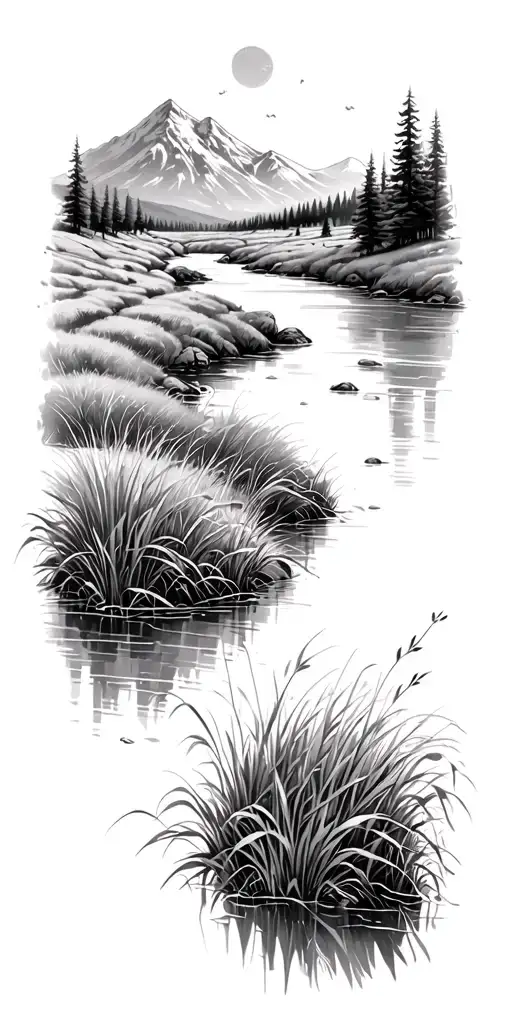 Sketch River Flowing Through A Meadow Mountain Scape In Background Grass In Front
