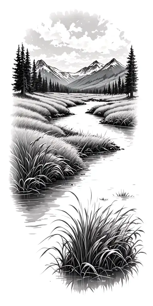 Sketch River Flowing Through A Meadow Mountain Scape In Background Grass In Front
