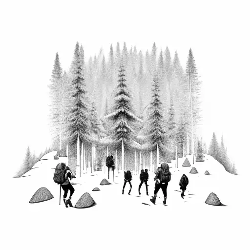 A Group Of Hikers Exploring A Forest Filled With Musical Instruments Hanging From The Trees