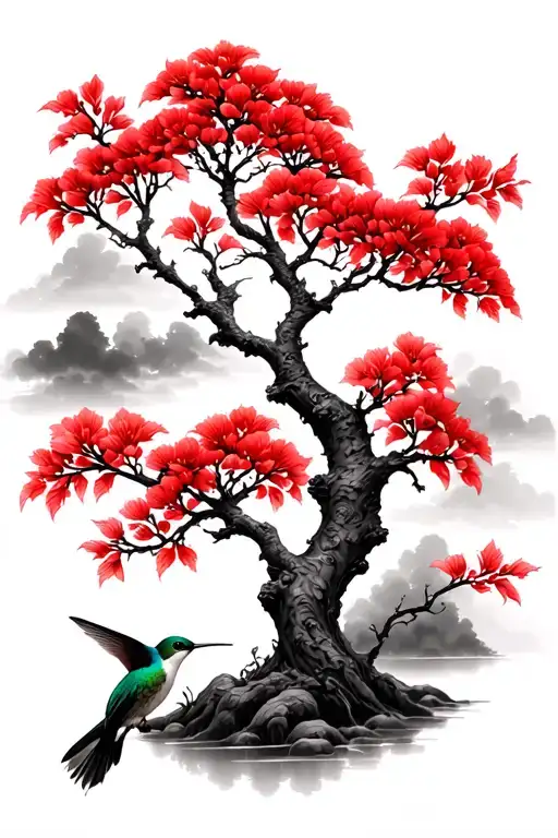 Red Blossom Tree And Hummingbird