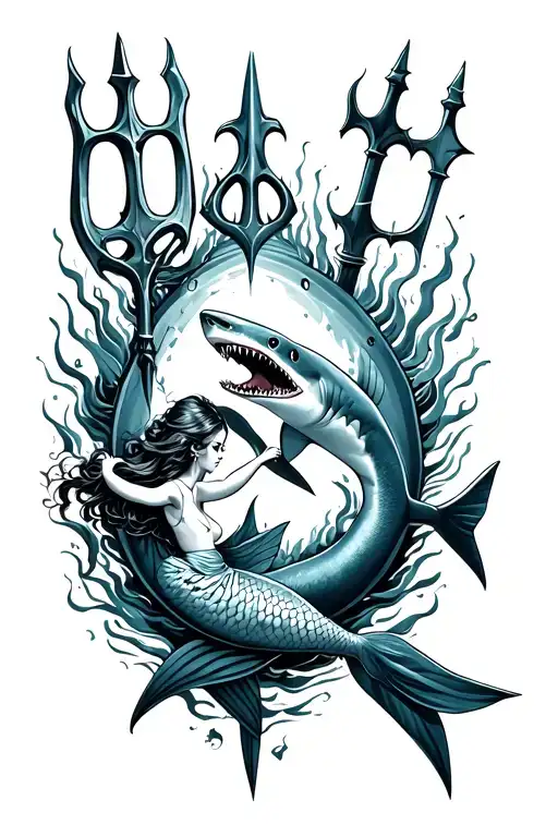 A Trident With A Shark And A Mermaid Swimming Around It