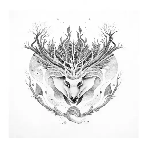 A Mystical Forest Creature Surrounded By Swirling Galaxy Patterns