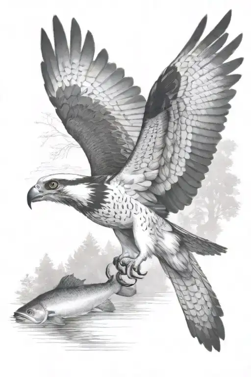 An Osprey Flying And Holding A Small Trout Near The River In The Forest