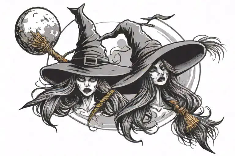 Witches Brooms Crossing Each Other With Witchs Hat And Moon