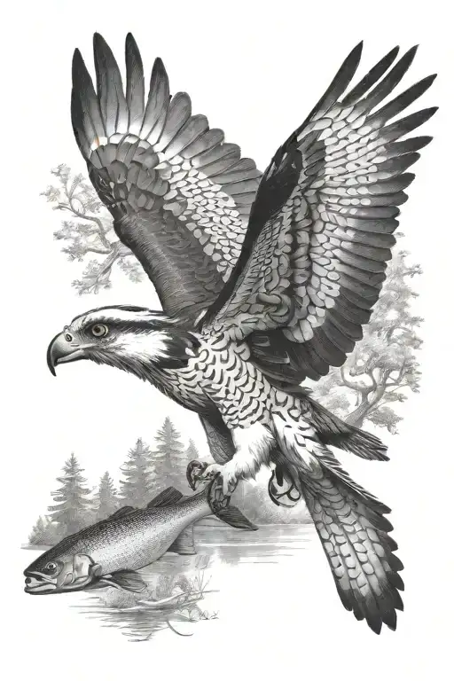 An Osprey Flying And Holding A Small Trout Near The River In The Forest