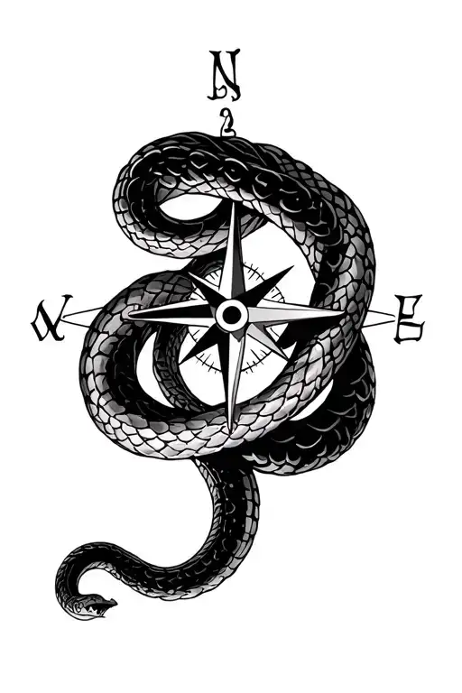 Snake Wrapped Around Compass Rose Intertwined