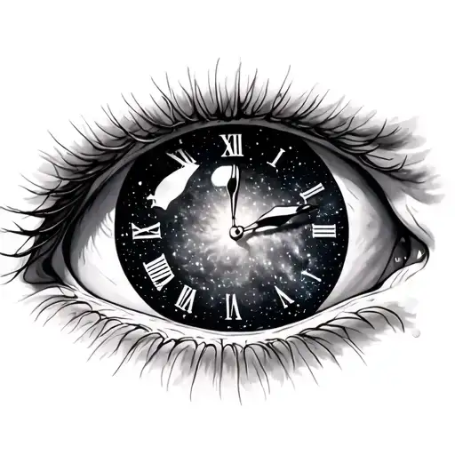 Tattoo Of A Galaxy Placed Inside An Eye With Clock Time Waits For No One