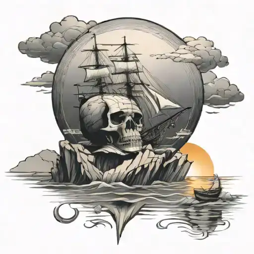 Ship Sailing Torwards Sunset With Big Skull Shaped Rock On Water