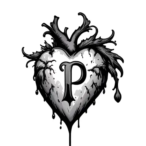A Bleeding Gothic Heart With The Letter P In The Center