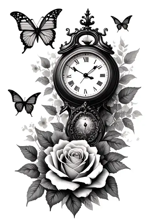 Roses Butterflies Flying With Clock And Kids Foot Print