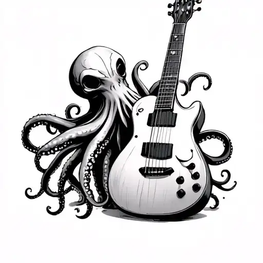 Piano Keys And Guitar And Octopus With Head And Tentacles Showing
