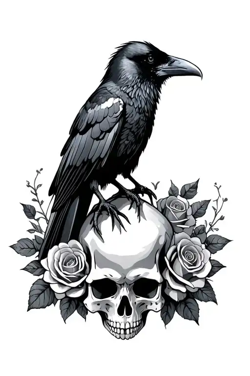 Raven Perched Atop Skull Surrounded By Roses