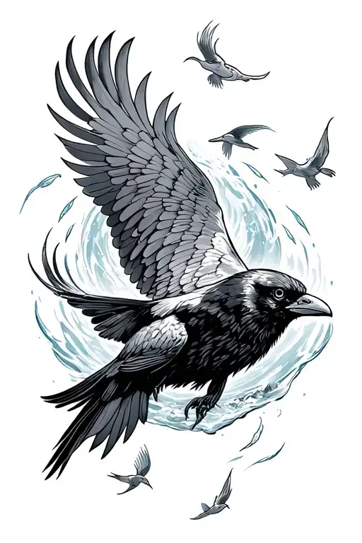 Flying Raven Surrounded By Souls Swimming In A Fish