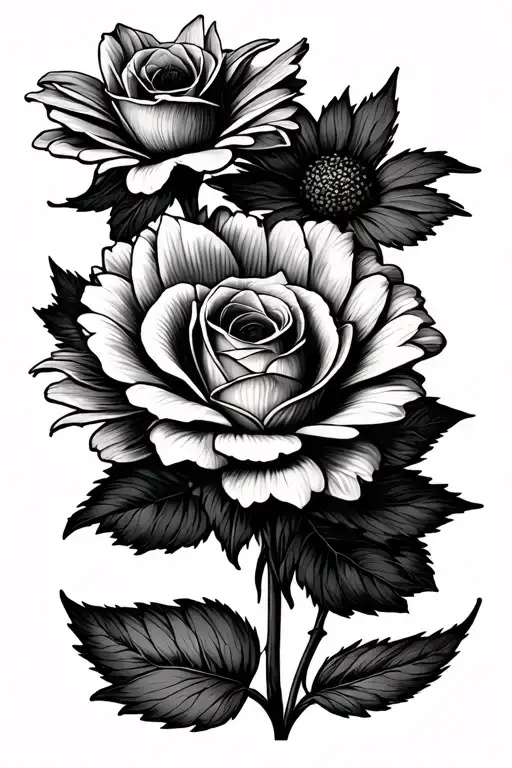 Line Work Rose And Daisy