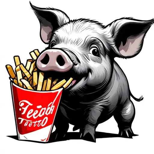 Cartoon Pig Eating French Fries