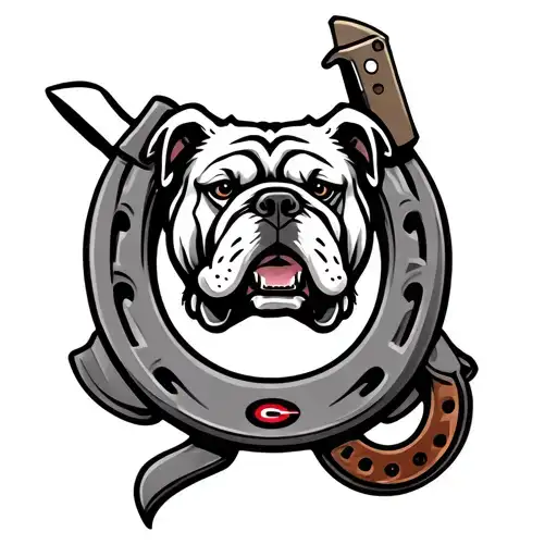 A Throwing Horse Shoe With A Georgia Bulldog In The Middle And A Case Knife Above It
