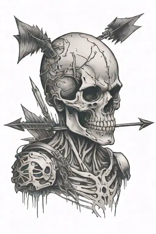 Skullhead With Human Body Looking Sidewards With A Few Arrow On His Back