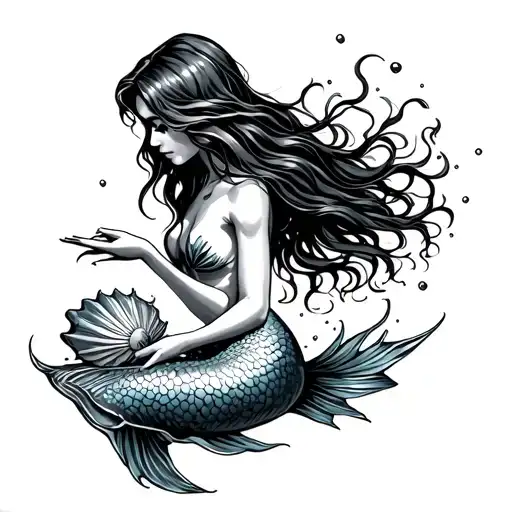 Mermaid With Long Hair Facing Down Reaching For A Shell