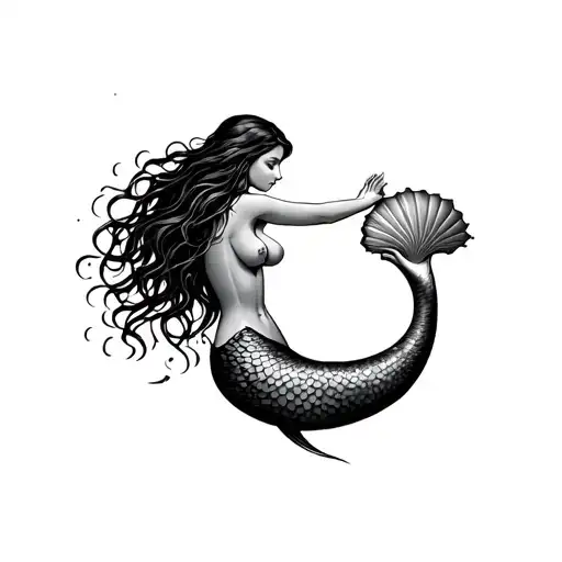 Mermaid With Long Hair Facing Down Reaching For A Shell